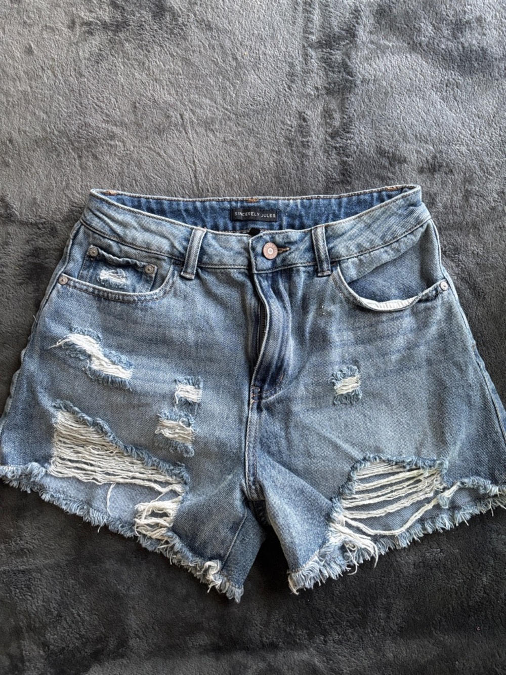 Sincerely Jules Light Blue Distressed High-Rise Denim Shorts